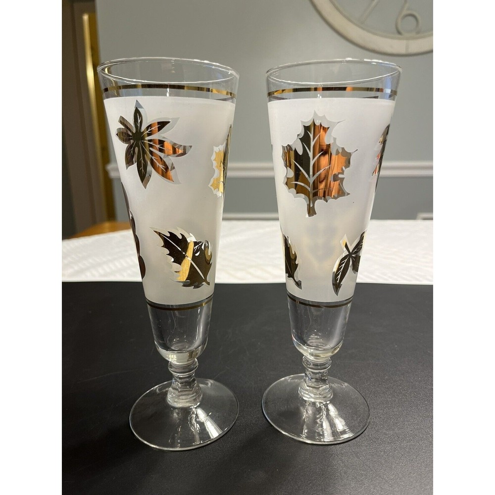 Pair of Vtg Frosted Gold Leaves Pilsner Stem Glasses Signed G Reeves